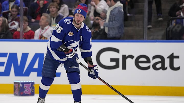 Feb 2, 2024; Toronto, Ontario, CANADA; Tampa Bay Lightning right wing Nikita Kucherov (86) during the passing competition of the NHL All-Star Skills Competition at Scotiabank Arena. Mandatory Credit: John E. Sokolowski-Imagn Images