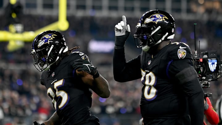 Nov 16, 2023; Baltimore, Maryland, USA; Baltimore Ravens running back Gus Edwards (35) and offensive