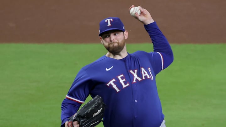 Oct 23, 2023; Houston, Texas, USA; Texas Rangers pitcher Jordan Montgomery (52) throws during the fifth inning of game seven in the ALCS against the Houston Astros for the 2023 MLB playoffs at Minute Maid Park. Mandatory Credit: Erik Williams-Imagn Images