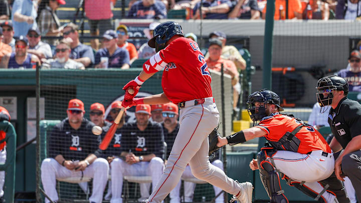 Mar 6, 2026; Lakeland, Florida, USA; Boston Red Sox outfielder Kristian Campbell (28) hits a two run home run during the first inning against the Detroit Tigers at Publix Field at Joker Marchant Stadium. Mandatory Credit: Mike Watters-Imagn Images