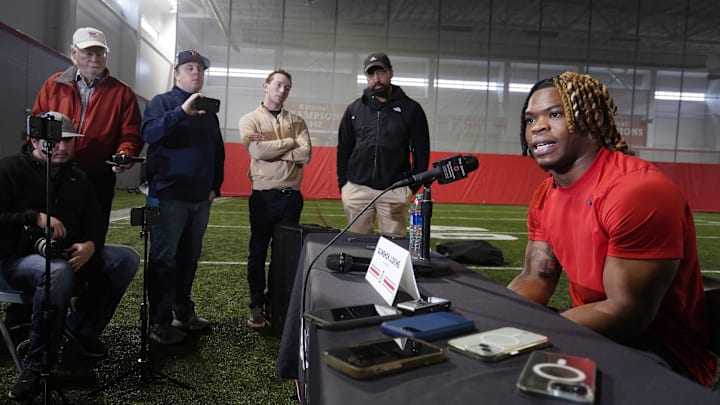 Jan 30, 2024; Columbus, Ohio, USA; Ohio State University football transfer Quinshon Judkins talks