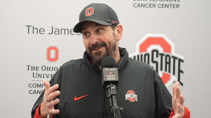 Ohio State Football defensive coordinator Matt Patricia gestures during an April 7, 2025 news conference at the Woody Hayes Athletic Center.