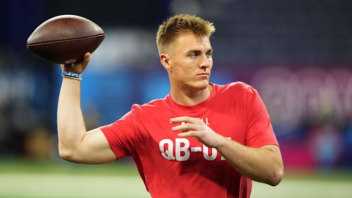 Mar 2, 2024; Indianapolis, IN, USA; Oregon quarterback Bo Nix (QB07) during the 2024 NFL Combine.