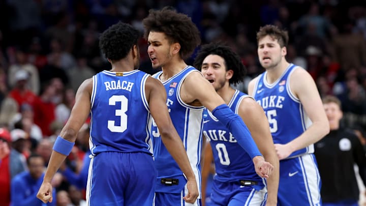 Mar 29, 2024; Dallas, TX, USA; Duke Blue Devils guard Jeremy Roach (3), guard Tyrese Proctor (5) and