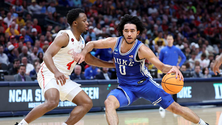 Mar 29, 2024; Dallas, TX, USA; Duke Blue Devils guard Jared McCain (0) drives against Houston