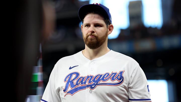 Oct 20, 2023; Arlington, Texas, USA; Texas Rangers pitcher Jordan Montgomery (52) walks to the