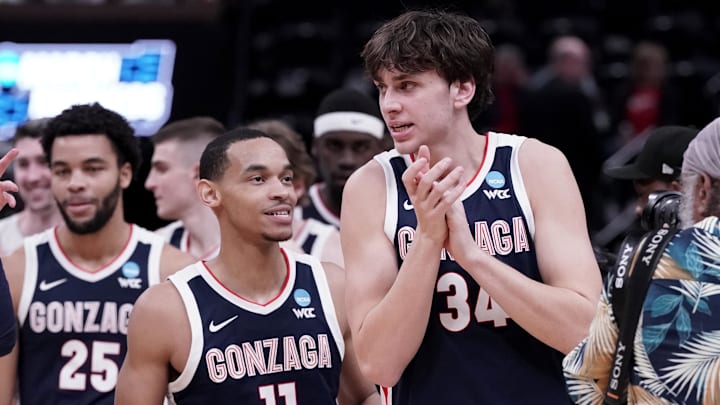 Mar 23, 2024; Salt Lake City, UT, USA; Gonzaga Bulldogs guard Nolan Hickman (11) and Gonzaga