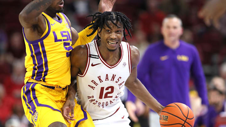 Mar 6, 2024; Fayetteville, Arkansas, USA; Arkansas Razorbacks guard Tramon Mark (12) drives in the
