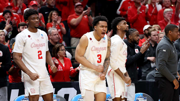 Mar 29, 2024; Dallas, TX, USA; Houston Cougars center Cedric Lath (2) and guard Ramon Walker Jr. (3) react on the bench during the second half in the semifinals of the South Regional of the 2024 NCAA Tournament against the Duke Blue Devils at American Airlines Center. Mandatory Credit: Kevin Jairaj-Imagn Images 