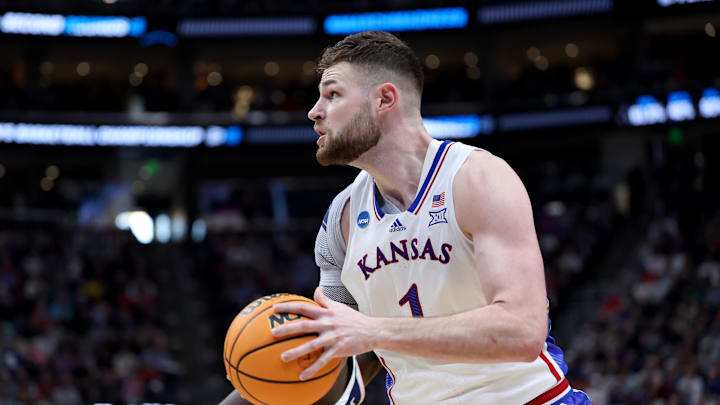 Mar 23, 2024; Salt Lake City, UT, USA; Kansas Jayhawks center Hunter Dickinson (1) drives during the second half in the second round of the 2024 NCAA Tournament against the Gonzaga Bulldogs at Vivint Smart Home Arena-Delta Center. Mandatory Credit: Rob Gray-Imagn Images