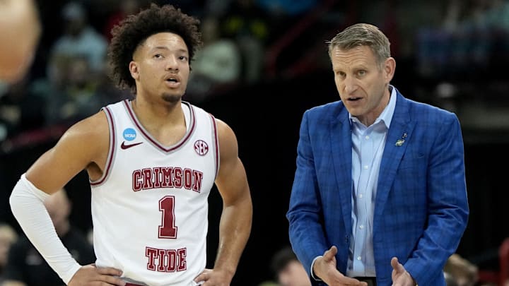 Mar 22, 2024; Spokane, WA, USA; Alabama Crimson Tide guard Mark Sears (1) talks to head coach Nate Oats during the second half in the first round of the 2024 NCAA Tournament at Spokane Veterans Memorial Arena. Mandatory Credit: Kirby Lee-Imagn Images 