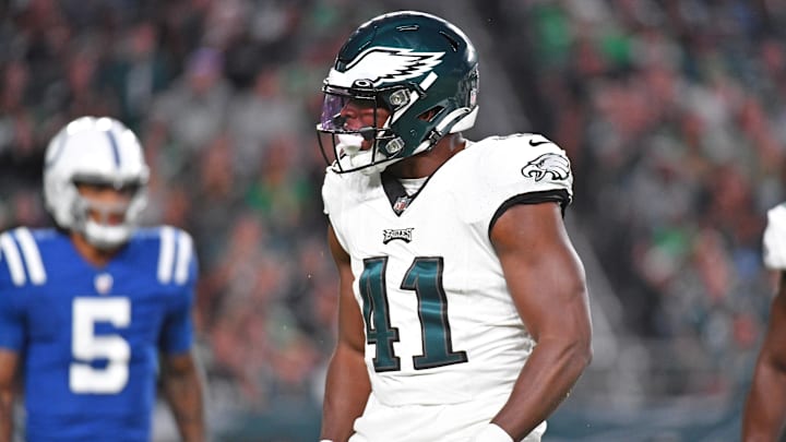 Aug 24, 2023; Philadelphia, Pennsylvania, USA; Philadelphia Eagles linebacker Nicholas Morrow (41)