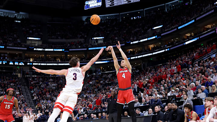 Mar 23, 2024; Salt Lake City, UT, USA; Dayton Flyers guard Koby Brea (4) shoots against Arizona