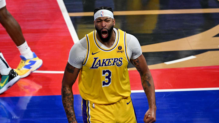 Dec 9, 2023; Las Vegas, Nevada, USA; Los Angeles Lakers forward Anthony Davis (3) reacts