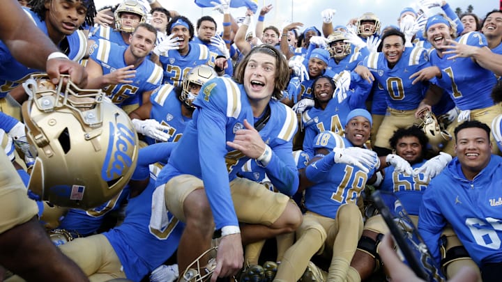 Nov 18, 2023; Los Angeles, California, USA; UCLA Bruins quarterback Ethan Garbers (4) celebrates
