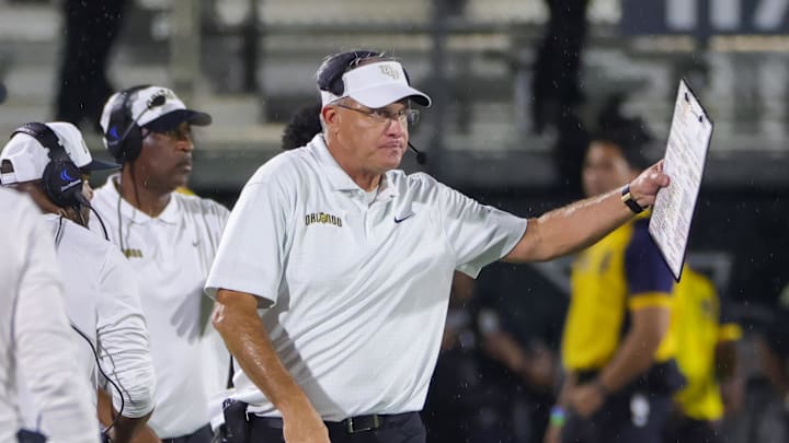 Sep 7, 2024; Orlando, Florida, USA; UCF Knights head coach Gus Malzahn motions to the field during the second half against the Sam Houston State Bearkats at FBC Mortgage Stadium. Mandatory Credit: Mike Watters-Imagn Images