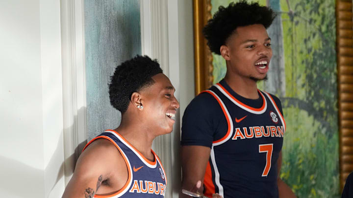 Oct 15, 2025; Birmingham, Alabama, USA; Auburn players Tahaad Pettiford and Keyshawn Hall joke in the hallway as they wait for their interview session at SEC Media Day in the Grand Bohemian Hotel.