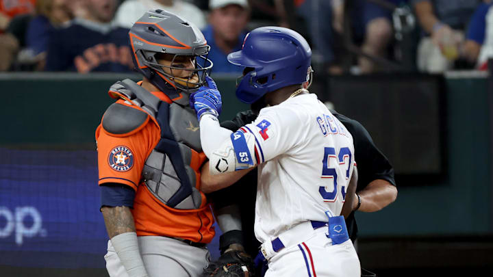 Oct 20, 2023; Arlington, Texas, USA; Texas Rangers right fielder Adolis Garcia (53) confronts