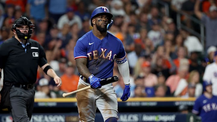 Oct 23, 2023; Houston, Texas, USA; Texas Rangers right fielder Adolis Garcia (53) reacts after