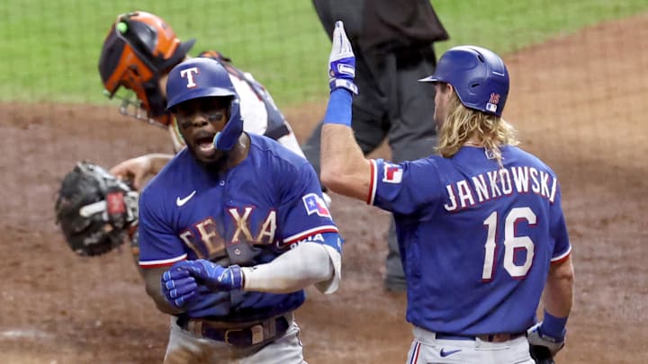 Oct 23, 2023; Houston, Texas, USA; Texas Rangers right fielder Adolis Garcia (53) celebrates with