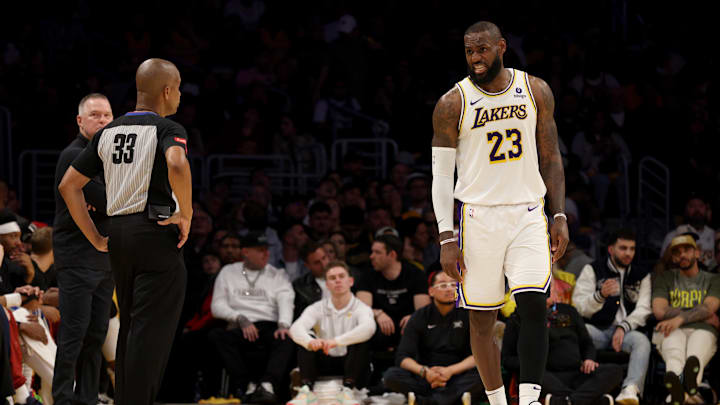 Apr 27, 2024; Los Angeles, California, USA; Los Angeles Lakers forward LeBron James (23) talks to