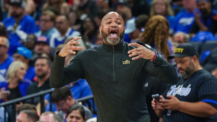 Apr 25, 2024; Orlando, Florida, USA; Cleveland Cavaliers head coach JB Bickerstaff shouts during the second quarter of game three of the first round for the 2024 NBA playoffs at Kia Center. Mandatory Credit: Mike Watters-Imagn Images