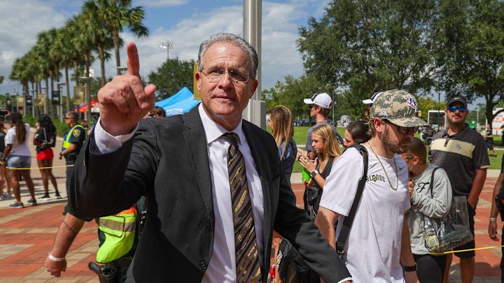 Oct 12, 2024; Orlando, Florida, USA; UCF Knights head coach Gus Malzahn arrives before the game against the Cincinnati Bearcats at FBC Mortgage Stadium. Mandatory Credit: Mike Watters-Imagn Images