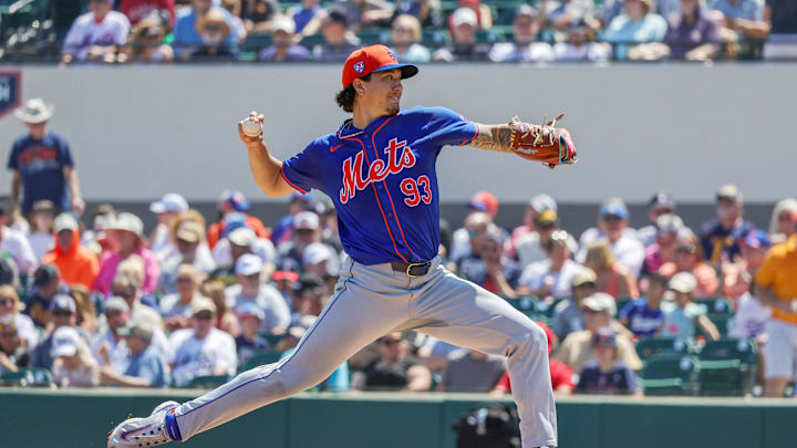 Mar 21, 2024; Lakeland, Florida, USA; New York Mets pitcher Dominic Hamel (93) pitches during the first inning against the Detroit Tigers at Publix Field at Joker Marchant Stadium. Mandatory Credit: Mike Watters-Imagn Images