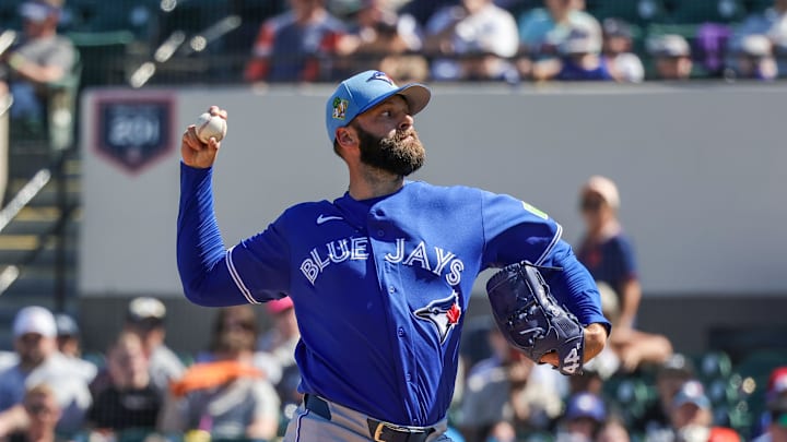 Feb 25, 2026; Lakeland, Florida, USA; Toronto Blue Jays pitcher Tommy Nance (45) throws during the second inning against the Detroit Tigers at Publix Field at Joker Marchant Stadium. Mandatory Credit: Mike Watters-Imagn Images