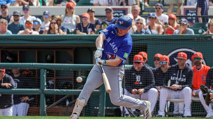 Mar 1, 2026; Lakeland, Florida, USA; Toronto Blue Jays first baseman Sean Keys (89) hits a double during the third inning against the Detroit Tigers at Publix Field at Joker Marchant Stadium. Mandatory Credit: Mike Watters-Imagn Images Mar 1, 2026; Lakeland, Florida, USA; Toronto Blue Jays first baseman Sean Keys (89) hits a double during the third inning against the Detroit Tigers at Publix Field at Joker Marchant Stadium. Mandatory Credit: Mike Watters-Imagn Images