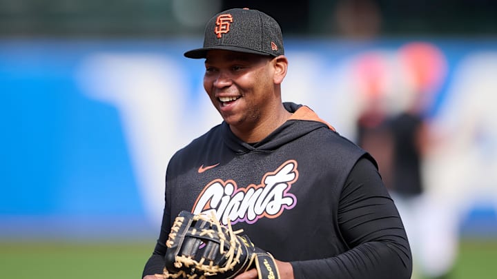 Aug 12, 2025; San Francisco, California, USA; San Francisco Giants first baseman Rafael Devers (16) warms up before the game between the San Diego Padres and the San Francisco Giants at Oracle Park. Mandatory Credit: Robert Edwards-Imagn Images