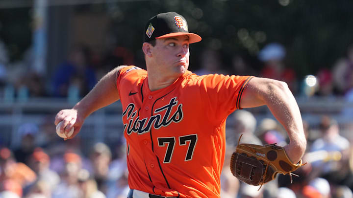 Feb 22, 2026; Scottsdale, Arizona, USA; San Francisco Giants pitcher Carson Seymour (77) throws against the Chicago Cubs in the second inning at Scottsdale Stadium. Mandatory Credit: Rick Scuteri-Imagn Images Feb 22, 2026; Scottsdale, Arizona, USA; San Francisco Giants pitcher Carson Seymour (77) throws against the Chicago Cubs in the second inning at Scottsdale Stadium. Mandatory Credit: Rick Scuteri-Imagn Images