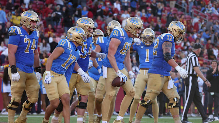Nov 18, 2023; Los Angeles, California, USA; UCLA Bruins tight end Hudson Habermehl (81) celebrates
