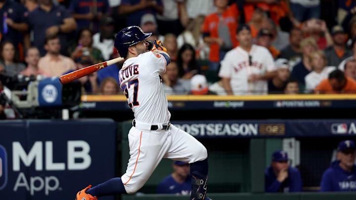 Oct 23, 2023; Houston, Texas, USA; Houston Astros second baseman Jose Altuve (27) hits a double
