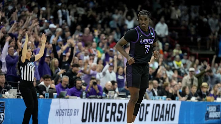 Mar 22, 2024; Spokane, WA, USA; Grand Canyon Antelopes guard Tyon Grant-Foster (7) reacts after a