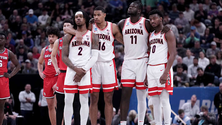 Mar 23, 2024; Salt Lake City, UT, USA; Arizona Wildcats guard Caleb Love (2) huddles with his team in the second round of the NCAA Tournament against Dayton. 