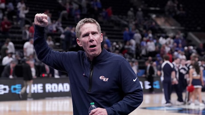 Mar 23, 2024; Salt Lake City, UT, USA; Gonzaga Bulldogs head coach Mark Few celebrates after his team's second-round NCAA Tournament win over Kansas. 