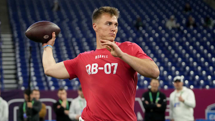 Mar 2, 2024; Indianapolis, IN, USA; Oregon quarterback Bo Nix (QB07) during the 2024 NFL Combine at