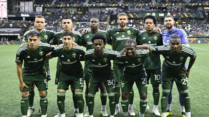 Jun 1, 2024; Portland, Oregon, USA; Portland Timbers starting eleven before a game against the Houston Dynamo FC at Providence Park. Mandatory Credit: Troy Wayrynen-USA TODAY Sports