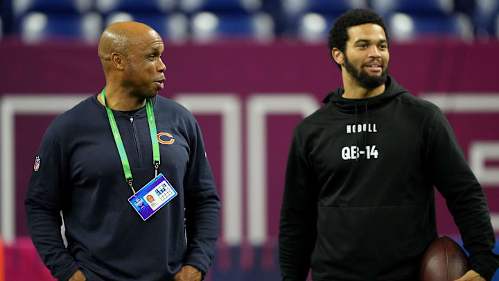 Mar 2, 2024; Indianapolis, IN, USA; Chicago Bears quarterbacks coach Kerry Joseph talks to Southern