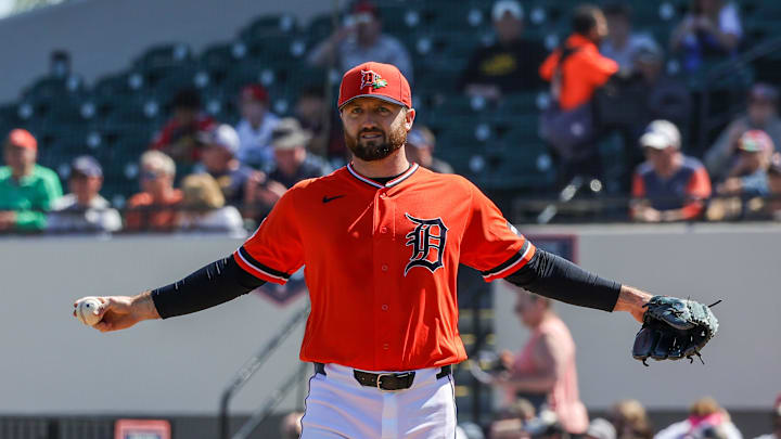 Feb 25, 2026; Lakeland, Florida, USA; Detroit Tigers pitcher Casey Mize (12) warms up before the game against the Toronto Blue Jays at Publix Field at Joker Marchant Stadium. Mandatory Credit: Mike Watters-Imagn Images