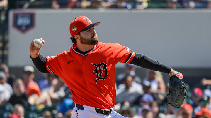Feb 25, 2026; Lakeland, Florida, USA; Detroit Tigers pitcher Casey Mize (12) pitches during the first inning against the Toronto Blue Jays at Publix Field at Joker Marchant Stadium. Mandatory Credit: Mike Watters-Imagn Images Feb 25, 2026; Lakeland, Florida, USA; Detroit Tigers pitcher Casey Mize (12) pitches during the first inning against the Toronto Blue Jays at Publix Field at Joker Marchant Stadium. Mandatory Credit: Mike Watters-Imagn Images