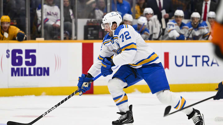 Feb 2, 2026; Nashville, Tennessee, USA; St. Louis Blues defenseman Justin Faulk (72) skates with the puck against the Nashville Predators during the first period at Bridgestone Arena. Mandatory Credit: Steve Roberts-Imagn Images Feb 2, 2026; Nashville, Tennessee, USA; St. Louis Blues defenseman Justin Faulk (72) skates with the puck against the Nashville Predators during the first period at Bridgestone Arena. Mandatory Credit: Steve Roberts-Imagn Images