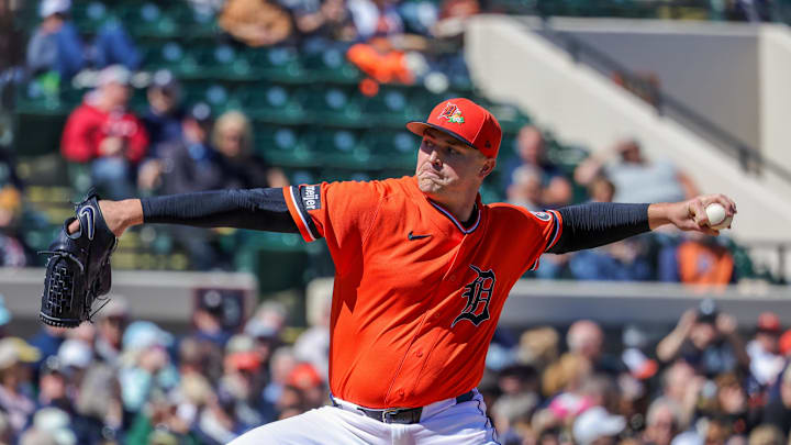 Feb 23, 2026; Lakeland, Florida, USA; Detroit Tigers pitcher Tarik Skubal (29) throws during the first inning against the Minnesota Twins at Publix Field at Joker Marchant Stadium. Mandatory Credit: Mike Watters-Imagn Images