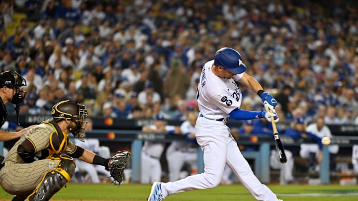 Oct 11, 2022; Los Angeles, California, USA; Los Angeles Dodgers shortstop Trea Turner (6) hits a RBI