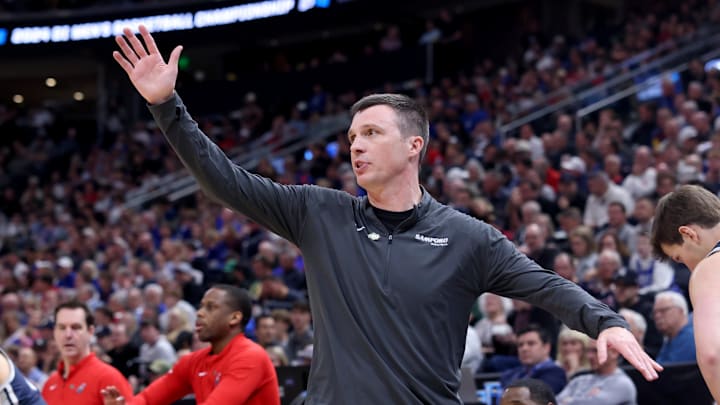Samford Bulldogs head coach Bucky McMillan during the first half in the first round of the 2024 NCAA Tournament against the Samford Bulldogs at Vivint Smart Home Arena-Delta Center. 