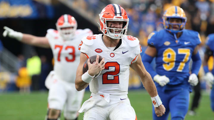 Nov 16, 2024; Pittsburgh, Pennsylvania, USA; Clemson Tigers quarterback Cade Klubnik (2) runs on his way to scoring a game winning fifty-yard touchdown during the fourth quarter to defeat the Pittsburgh Panthers at Acrisure Stadium.