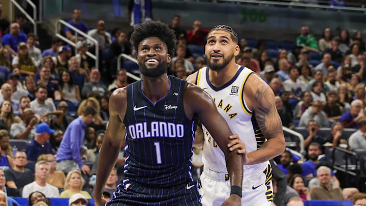 Nov 13, 2024; Orlando, Florida, USA; Orlando Magic forward Jonathan Isaac (1) and Indiana Pacers forward Obi Toppin (1) watch for a rebound during the second half at Kia Center. Mandatory Credit: Mike Watters-Imagn Images Nov 13, 2024; Orlando, Florida, USA; Orlando Magic forward Jonathan Isaac (1) and Indiana Pacers forward Obi Toppin (1) watch for a rebound during the second half at Kia Center. Mandatory Credit: Mike Watters-Imagn Images