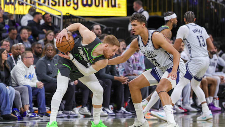 Jan 9, 2025; Orlando, Florida, USA; Minnesota Timberwolves guard Donte DiVincenzo (0) controls the ball in front of Orlando Magic forward Tristan da Silva (23) during the second quarter at Kia Center. Mandatory Credit: Mike Watters-Imagn Images Jan 9, 2025; Orlando, Florida, USA; Minnesota Timberwolves guard Donte DiVincenzo (0) controls the ball in front of Orlando Magic forward Tristan da Silva (23) during the second quarter at Kia Center. Mandatory Credit: Mike Watters-Imagn Images