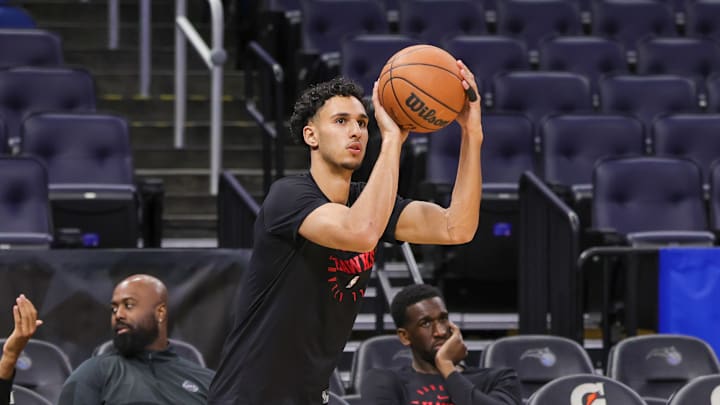 Apr 8, 2025; Orlando, Florida, USA; Atlanta Hawks forward Zaccharie Risacher (10) warms up before the game against the Orlando Magic at Kia Center. Mandatory Credit: Mike Watters-Imagn Images